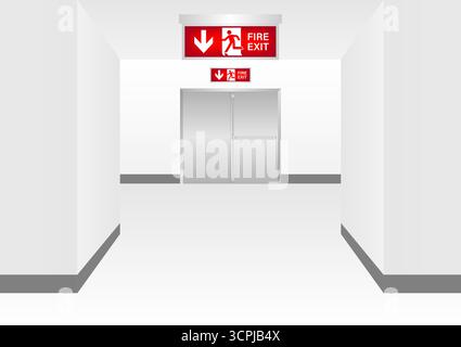 Emergency Fire Exit Sign in Corridor. Exit Sign. Fire Exit Sign. Vector Illustration. Stock Vector
