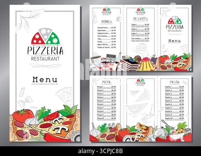 Italian pizza and pasta menu - trifold leaflet template - letter format (8,5 x 11 inches) - vector illustration Stock Vector