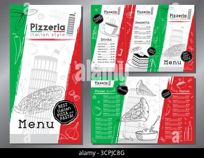 Italian pizza and pasta menu - trifold leaflet template - letter format (8,5 x 11 inches) - vector illustration Stock Vector