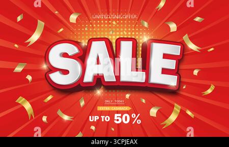 The sale banner. Text Sale with 3d effect on a background with red radial rays. Stock Vector