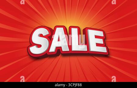 Text Sale with 3d effect on a background with red radial rays. Stock Vector