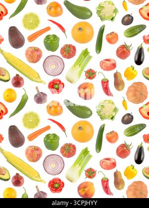 Vertical seamless pattern fresh fruits and vegetables isolated on white background. Stock Photo