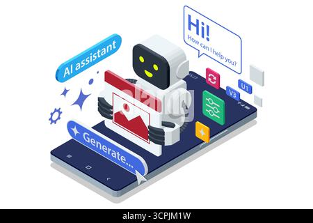 An isometric illustration of a woman using a laptop to create an artistic design with an AI assistant providing real-time feedback and generative art Stock Vector
