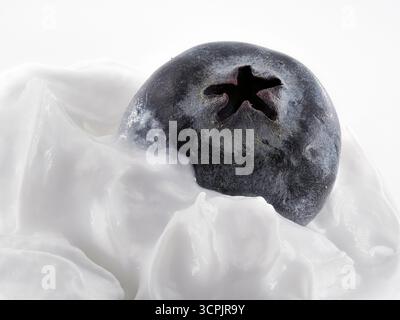 A single blueberry sits atop smooth, white yogurt swirls, creating a fresh, crisp close-up ideal for breakfast or dessert scenes. Stock Photo