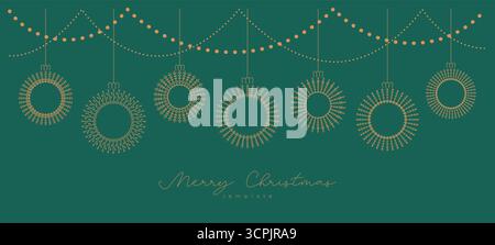 Line Christmas luxury banner, card with lattice toy, ball, bauble, circle on green background. Cute minimalist decorative vector border with lettering Stock Vector
