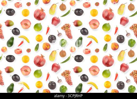 Big seamless pattern bright appetizing fruits and vegetables with light shadow on white background. Stock Photo
