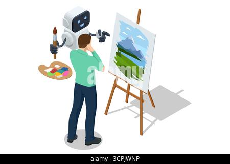 AI art assistant. Isometric AI robot helping man with painting on easel, supporting creativity and digital art process with artificial intelligence Stock Vector