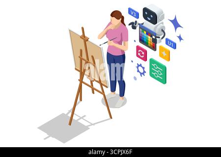 AI art assistant. Isometric AI robot helping woman with painting on easel, supporting creativity and digital art process with artificial intelligence Stock Vector