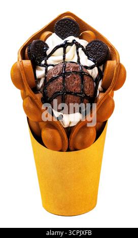 bubble waffle with various fruits and chocolate in a paper cup Stock Photo