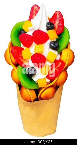 bubble waffle with various fruits and chocolate in a paper cup Stock Photo
