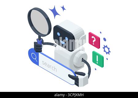 AI search helper. Isometric robot assistant holding magnifying glass and search bar, symbolizing artificial intelligence help in research, data search Stock Vector