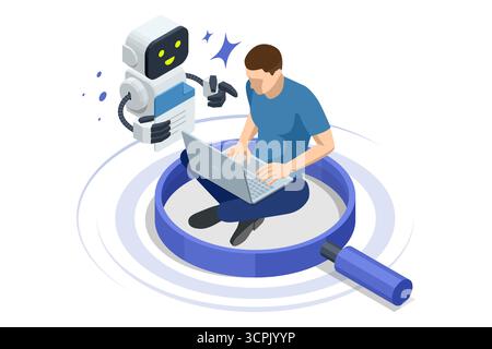 An isometric illustration of a man using an AI assistant to design a website or application on a large monitor, symbolizing automated UI UX creation Stock Vector