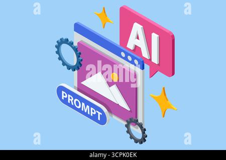 Isometric illustration of AI prompt generation with gears and abstract interface window. Concept of artificial intelligence, creative automation and Stock Vector