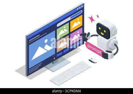 Isometric AI assistant to design a website or application on a large monitor, symbolizing automated UI UX creation. AI assistant using prompts to Stock Vector