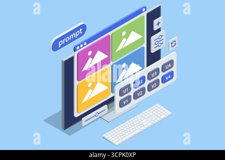 Isometric interface for AI image generation with prompts and variation buttons. Concept of artificial intelligence, creative automation and digital Stock Vector