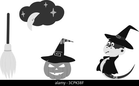Snake in Witch hat and Cloak Halloween Pumpkin Broom and crescent on cloud Halloween Elements Bundle. Isolated Vector illustrations Halloween Greeting Themed Cards Party invite Banner, leaflets, label Stock Vector