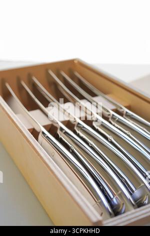 Steak knives in a wooden box on white background Stock Photo