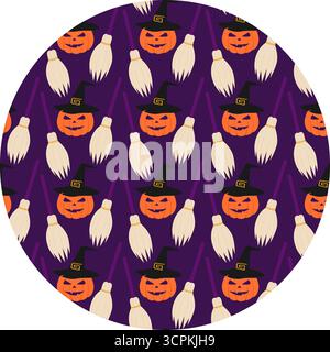 Halloween Pumpkins and Brooms Pattern on Round Violet Backdrop Halloween Minimalist Greetings Fond. Isolated Vector illustration Halloween Holidays Greetings Thematic Background Party Invite, posters Stock Vector