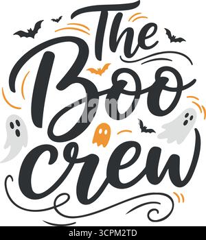 This halloween themed typography illustration features lettering with bats and ghosts in black, white, and orange colors on a white background. Stock Vector