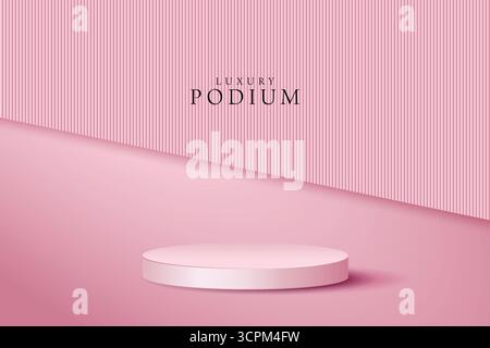 3D round pink podium background with shadow. Abstract composition minimalist design. Studio display showroom cosmetic stand product pedestal, Fashion Stock Vector