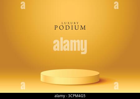 Single yellow cylindrical platform podium centrally on a solid yellow background providing a minimalist product display Stock Vector