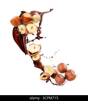 Splash of sweet hot chocolate and hazelnuts on white background Stock Photo