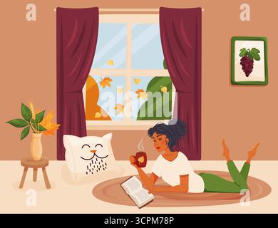 Autumn composition with girl reading book on rug Stock Vector