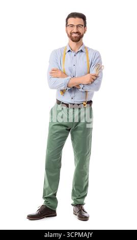 Male tailor with scissors on white background Stock Photo