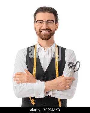 Male tailor with scissors on white background Stock Photo