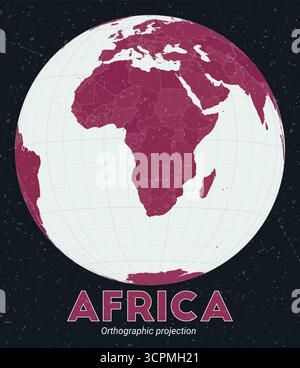 Africa. World map. Orthographic projection centered to Africa. Pale Mint Dark Pink palette. Vintage texture. Amazing vector illustration. Stock Vector