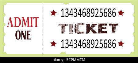 Admit One Retro Ticket Stub Design with Serial Number Isolated on White Background Stock Vector