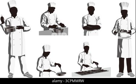 Vector Monochrome Chef Silhouette Illustration Set Isolated On A White Background. Stock Vector