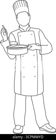 A Chef Holding A Pan And A Ladle. Vector Monochrome Line Drawing Illustration Isolated On A White Background. Stock Vector