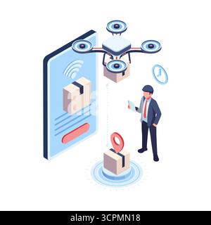 Isometric Businessman with Instant Delivery Via Drone Depicting Fast E-Commerce Logistics. Instant Gratification and Instant Drone Delivery Concept Stock Vector
