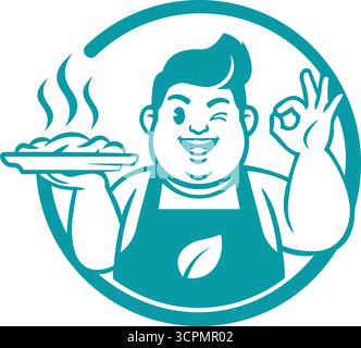 eps,Vector art of chef with mustache tossing food in black and white logo Stock Vector