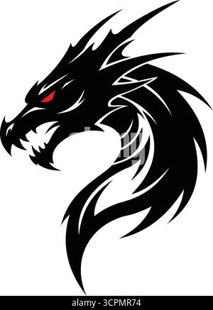 A logo vector art of black dragon head with red eyes, fierce and strong Stock Vector