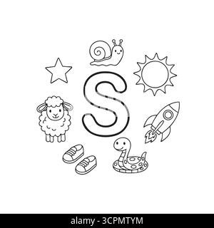 Letter S alphabet coloring page with snake snail sheep and sun Stock Vector