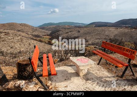 viewpoint on the top of a hill in Zante or Zakynthos in the Greek islands showing the extent of the burnt countryside following the summer wildfires. Stock Photo