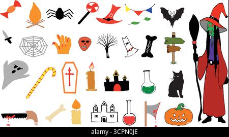 Handmade Halloween Spooky Elements Witch And Scary Symbols Vector Set Illustration Stock Vector