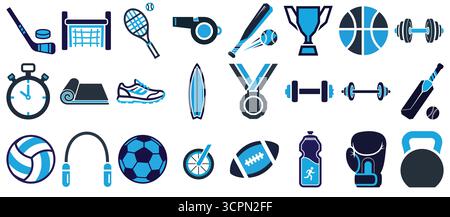Sports and fitness icon set with equipment symbols for training exercise competition and athletic activities Stock Vector