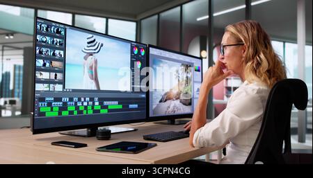 Woman Editing Video With Software On Desktop Computer Editor Stock Photo