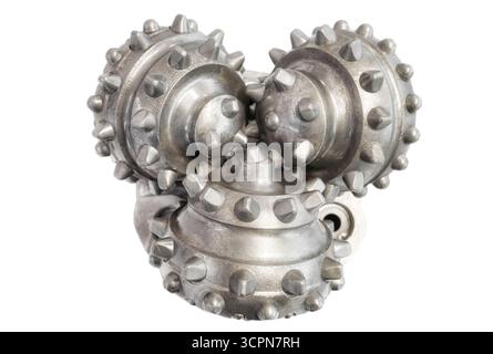 Close up picture of a tricone drill bit used for drilling oil or geothermal wells isolated on white background, selective focus. Stock Photo