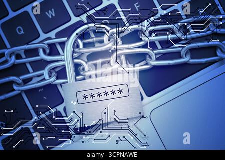 Padlock with digital password asterisks and chain on laptop, toned in blue. Circuit board pattern. Cyber security Stock Photo