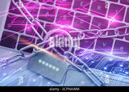 Padlock with digital password asterisks and chain on laptop, color toned. Circuit board pattern. Cyber security Stock Photo
