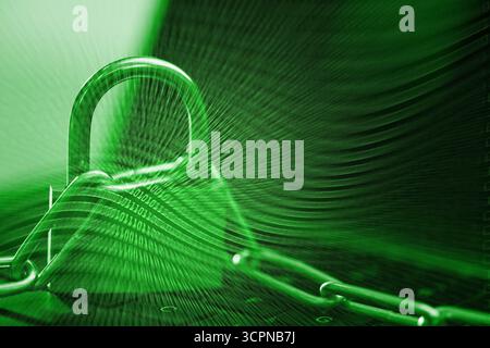 Padlock with chain on laptop and binary code, toned in green. Cyber security Stock Photo