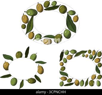 Olive green berry and leaves Oval rectangle set frame template. Vector graphic line ink colored illustration. Healthy food, natural organic cosmetics Stock Vector