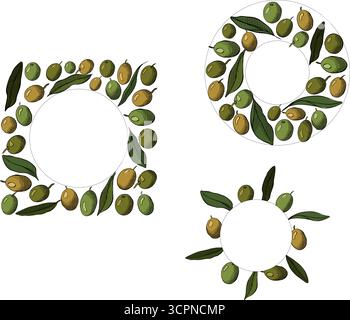 Olive leaf and berries wreath. circle round square set frame template. Vector graphic line ink colored illustration. for menu card banner invitation. Stock Vector