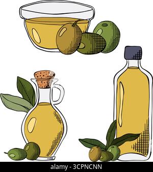 Olive oil bottle, berry, branch isolated set. Vector graphic line ink colored illustration. Silhouette sign for logo, print, comics, fashion, pop art, Stock Vector