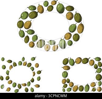 Olive berry Oval rectangle set frame template. Vector graphic line ink colored illustration. Italian food. Olives wreath for Mediterranean diet. for i Stock Vector