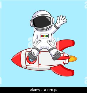 Cute Astronaut Sitting on Rocket Vector Illustration Cartoon Design Stock Vector